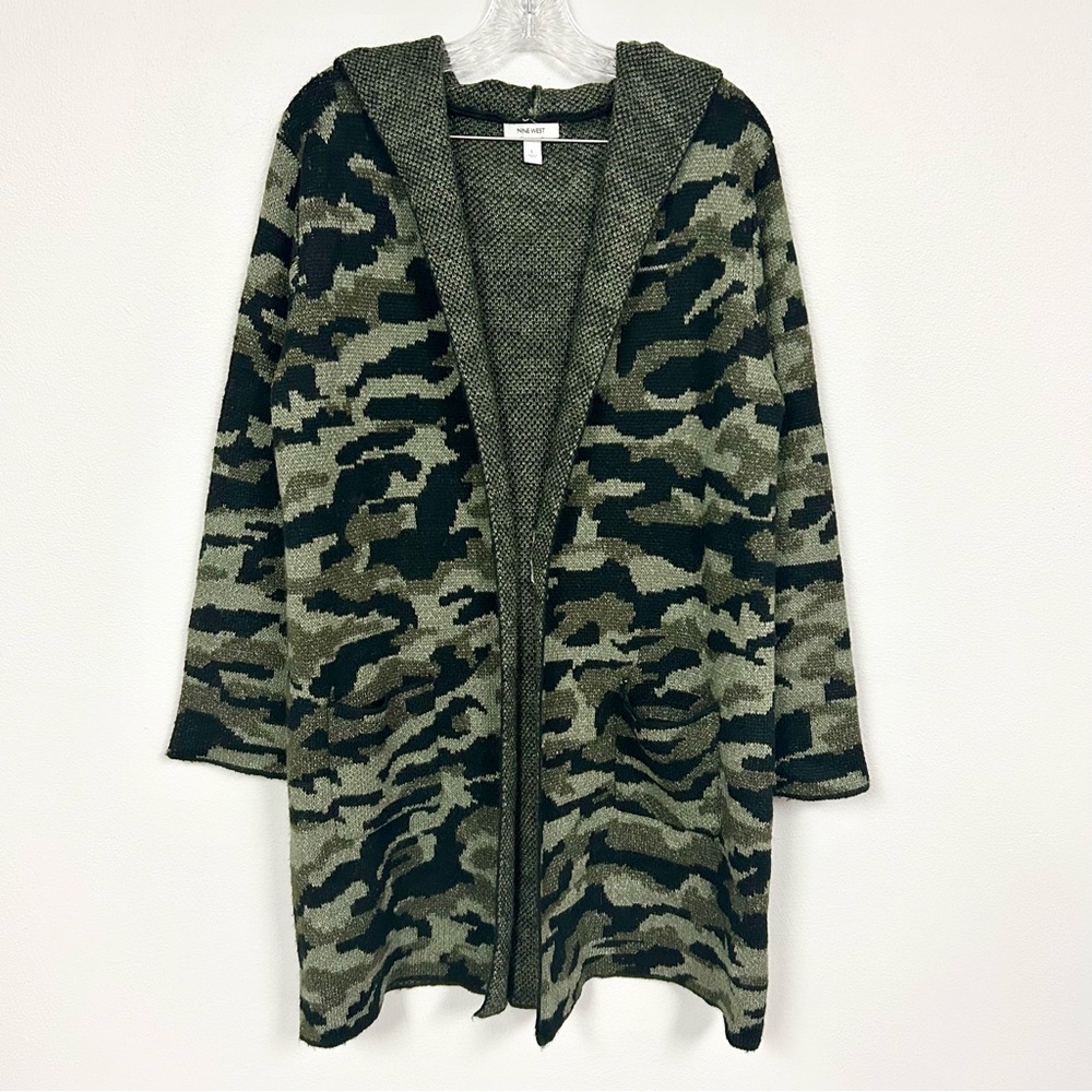 NINE WEST 🐫 Hooded Camo Motif Duster Cardigan with Pockets - Size L